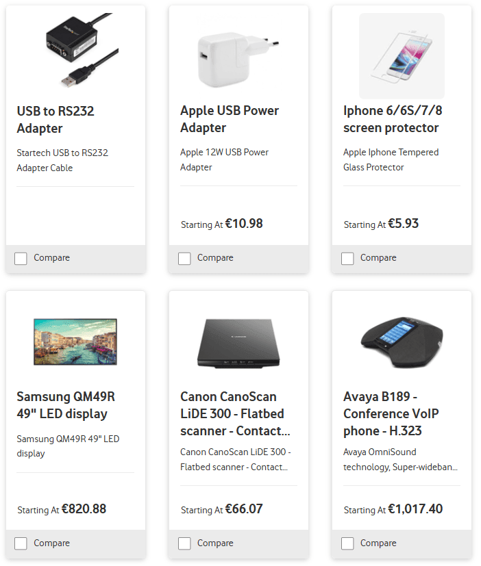 Various electronic gadgets with descriptions and starting prices displayed on a shopping website.