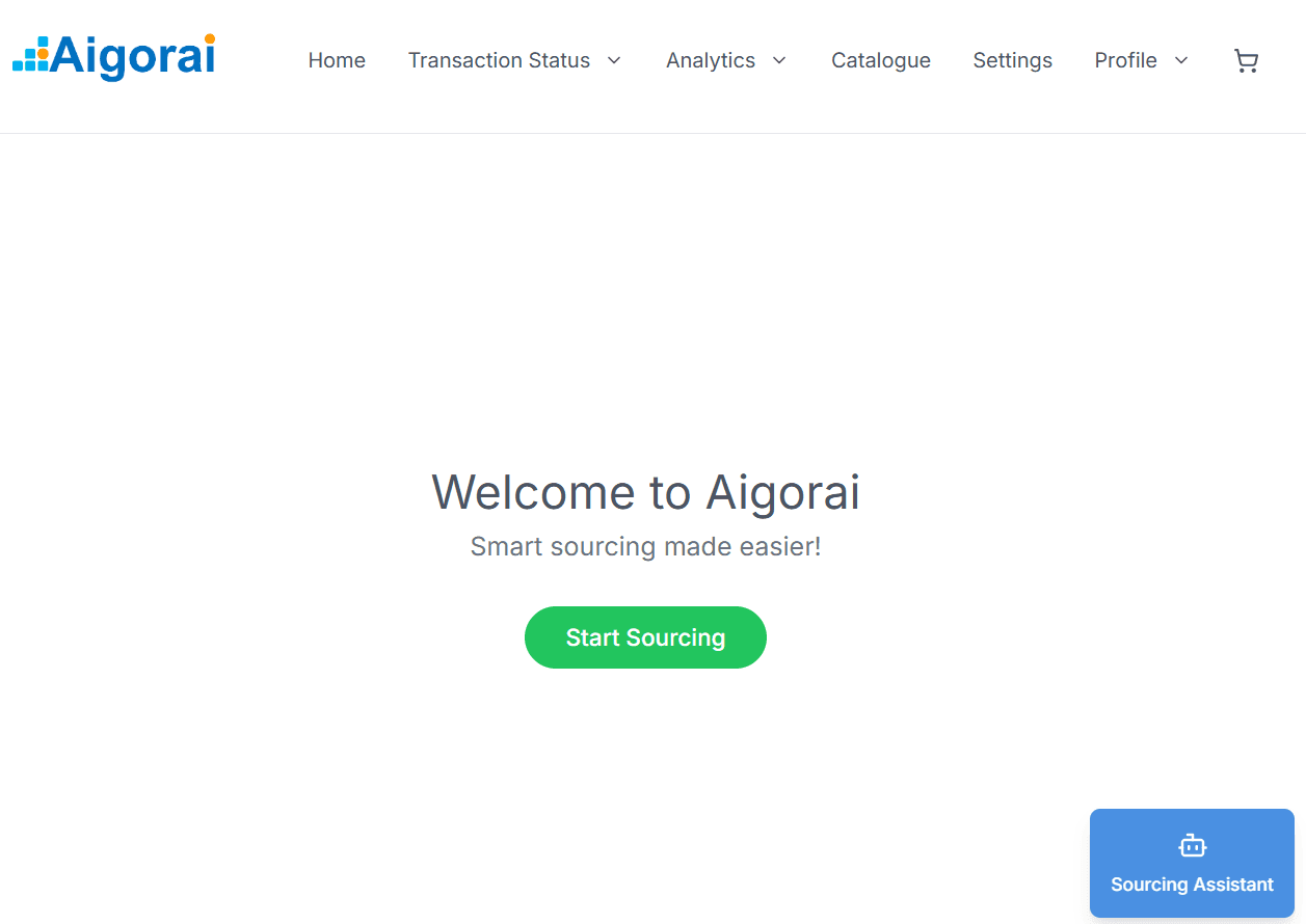 Aigora website home page with a welcome message and 'Start Sourcing' button.