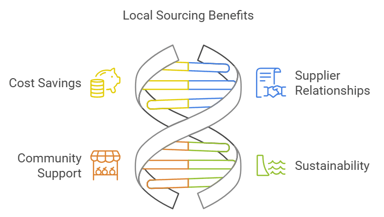 Infographic showing local sourcing benefits: cost savings, supplier relationships, community support, sustainability.