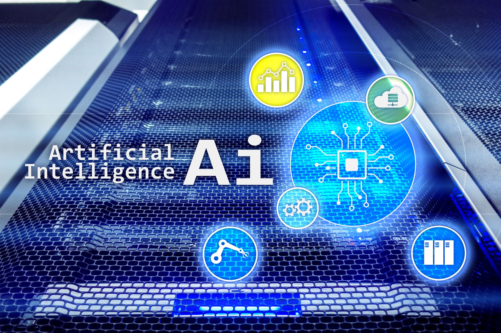 AI, Artificial intelligence, automation and modern information technology concept on virtual screen.