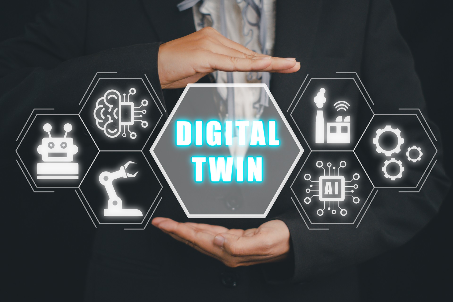 Digital twin business and industrial process modelling, Business woman hand holding digital twin icon on virtual screen, innovation and optimisation.